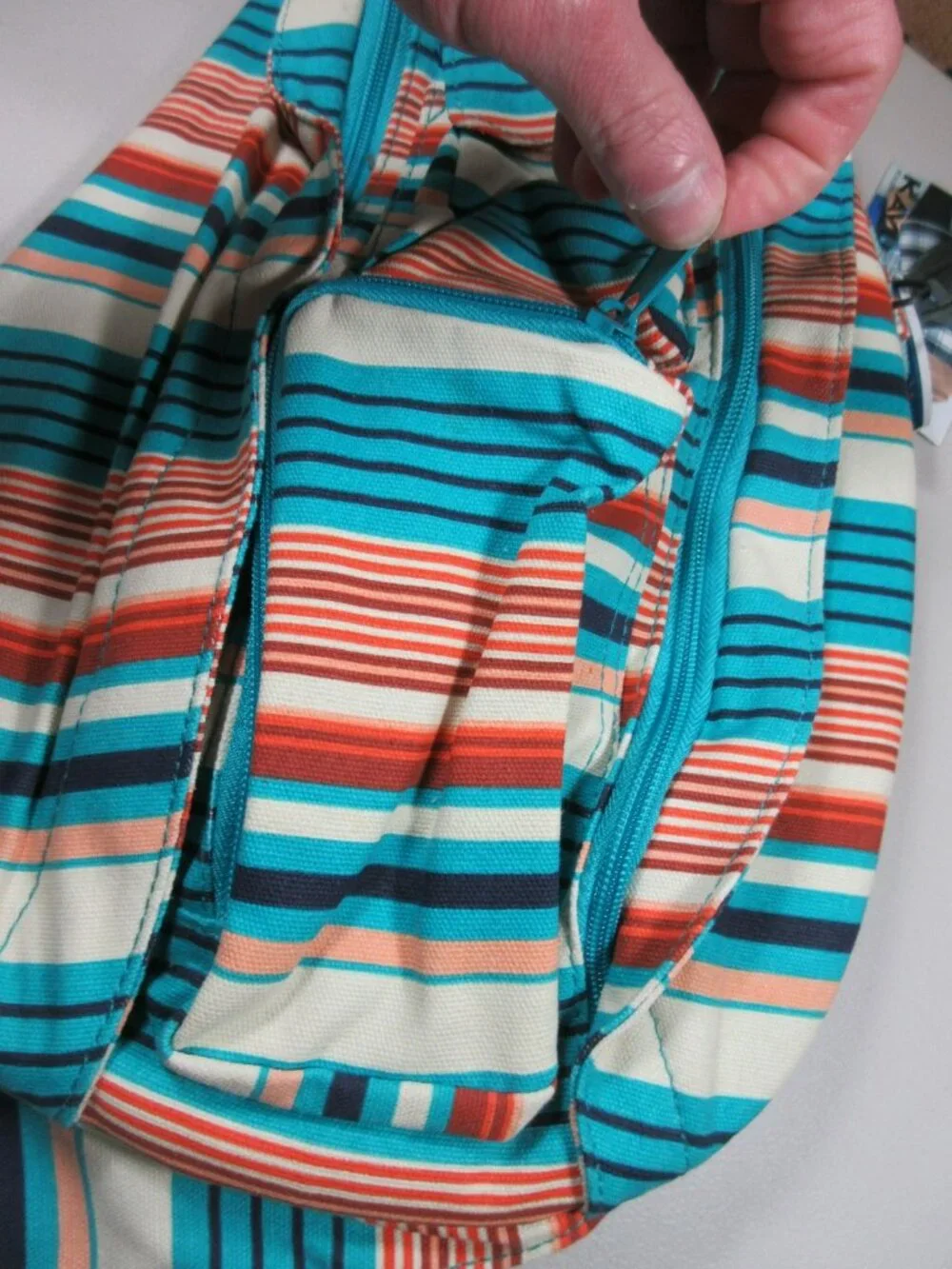 KAVU colorful offwhite striped canvas Banded Rope sling bag 11 x 17  NWT